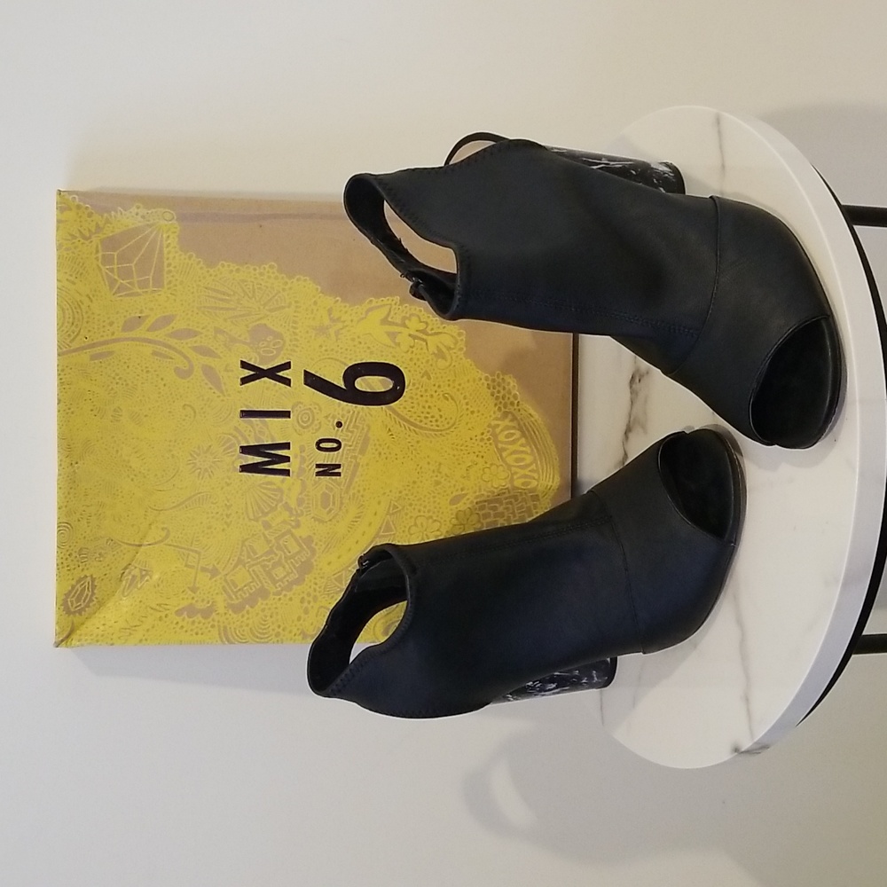 MIX NO. 6 Black Leather Peep-Toe Zip Bootie
